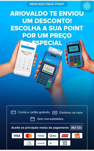 Há um desconto especial para comprar sua Point! Você pode escolher a maquininha que melhor se adapta aos seus negócios e economizar até R$ 420. Comece a aceitar as principais bandeiras de cartão e impulsione seus negócios. Escolha sua maquininha agora mesmo! https://mpago.li/2sTRpgM